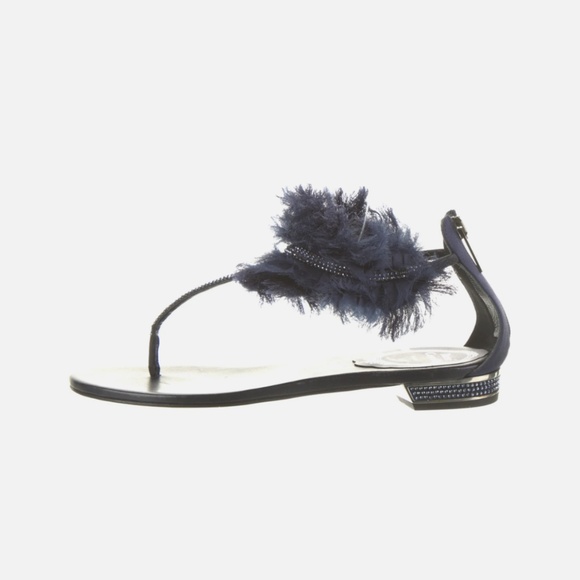 RENÉ CAOVILLA Satin Crystal Embellishments T-Strap Navy Blue Sandals Size: 5 - Picture 1 of 4